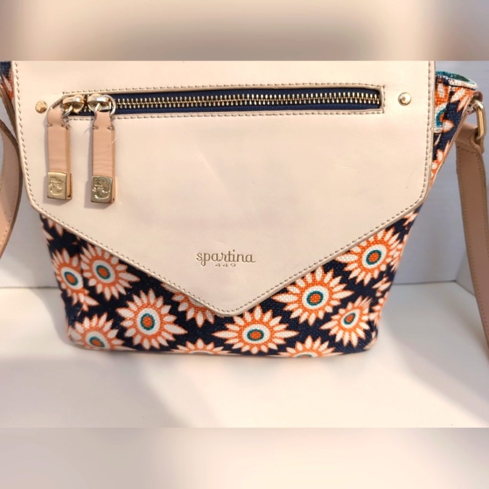 Spartina 449 Dauguskie Island Leather And Linen Floral Turquoise Crossbody‎ Bag - Picture 2 of 14
